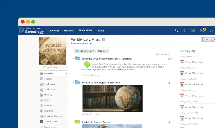 Unified Classroom Schoology software user interface with a virtual lesson for a k-12 history class