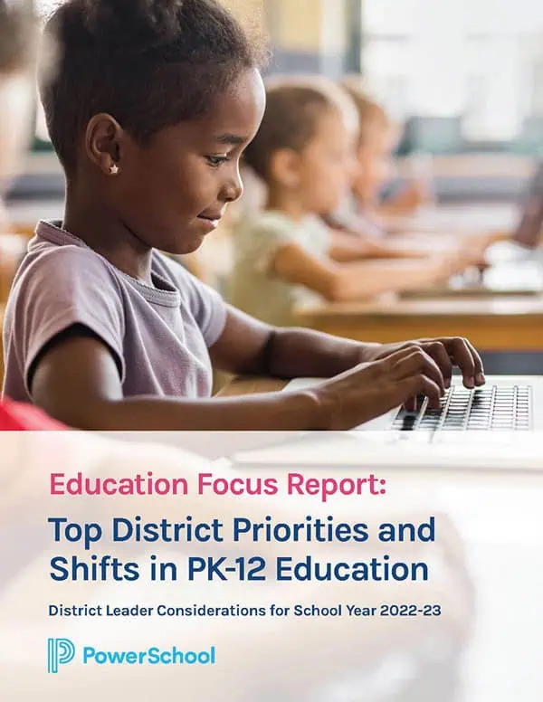 future of eduation survey results cover with k-12 student using PowerSchool software on a laptop