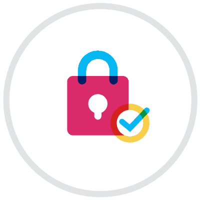 Circle icon with a lock and check mark to symbolize software security and protecting student privacy