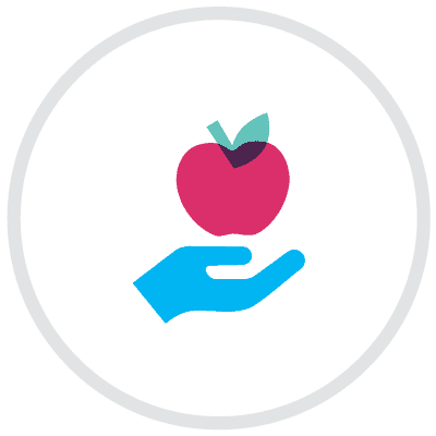 Circle icon with a hand holding an apple to symbolize supporting educators